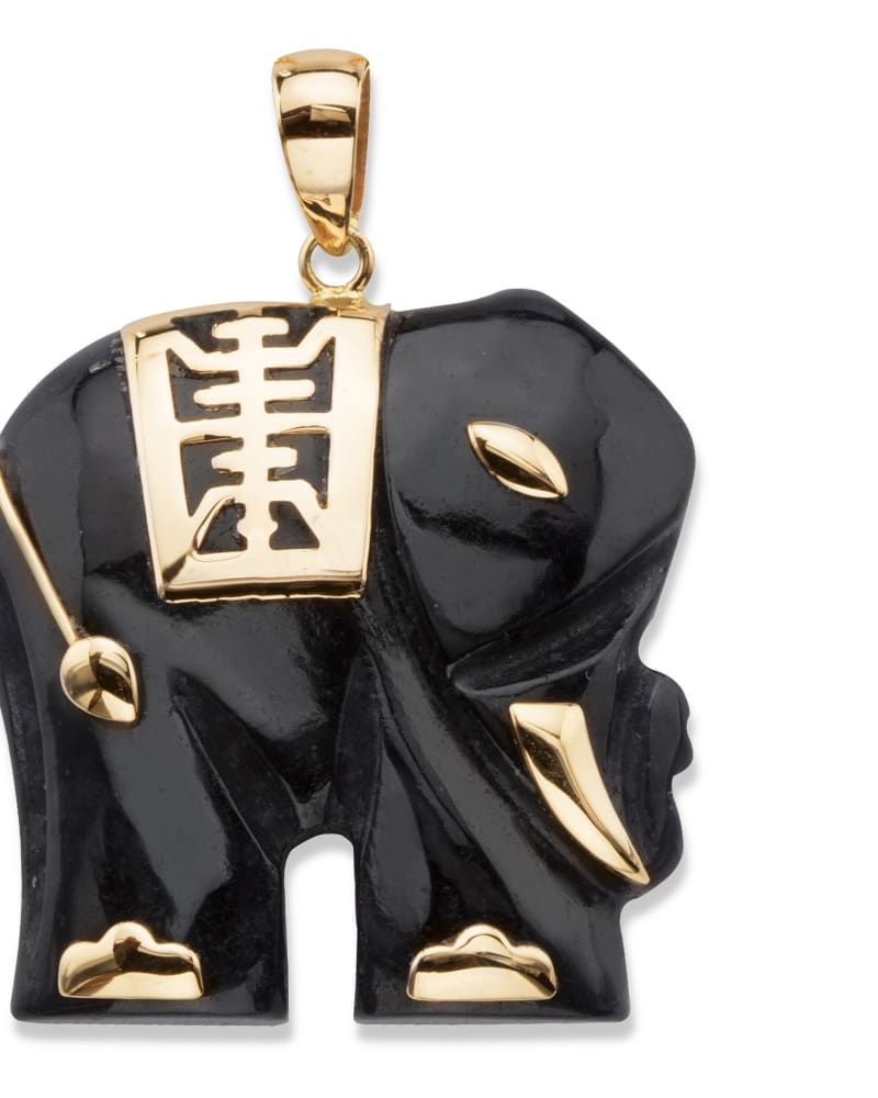 Front of a size One Size Genuine Black Jade Solid 10k Yellow Gold Elephant Pendant in Black by PalmBeach Jewelry. | dia_product_style_image_id:286028